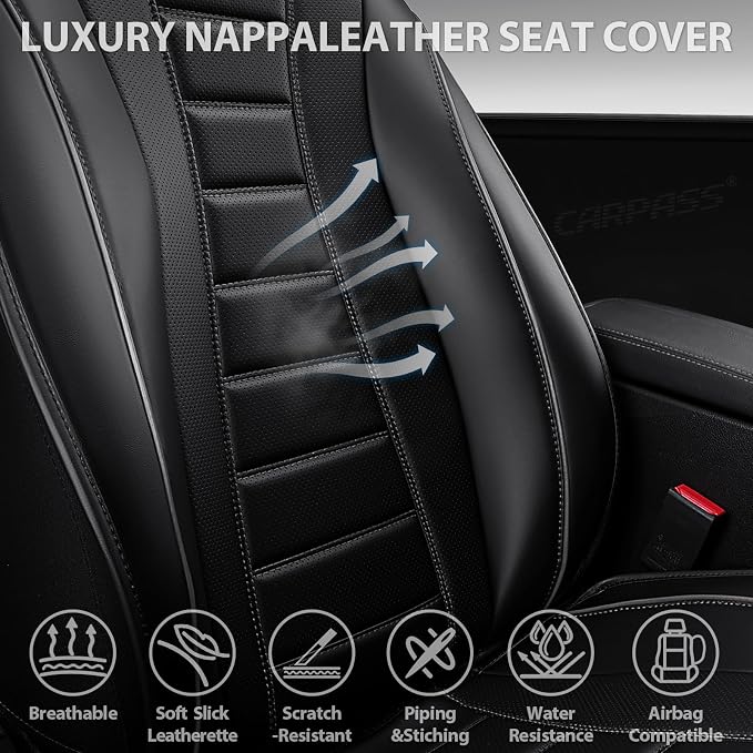 CAR PASS Nappa Leather Seat Covers 2, Waterproof Universal FIT Piping Leather Car seat Covers Front Seats, 3D Foam Front Seat Cover for Cars,SUV,Trucks Airbag Compatible Luxury&Comfort&Durable Black