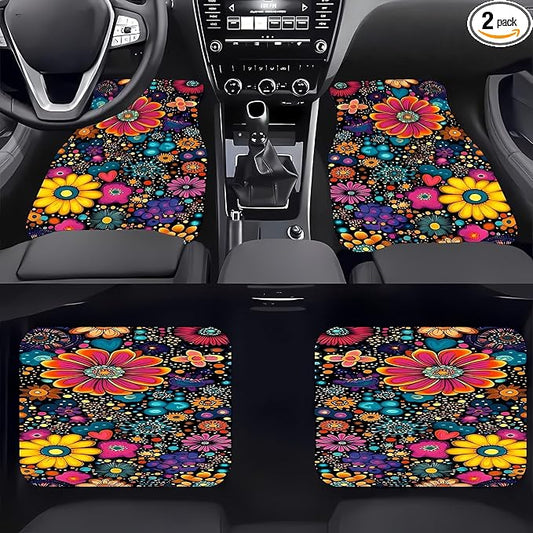 Universal Fit Car Floor Mats Set of 4Pcs, Colorful Petal Prints All-Weather Front Rear Car Carpet Mats, Non-Slip Car Floor Mat Car Accessories for Automotive Trucks SUV Sedans Vans