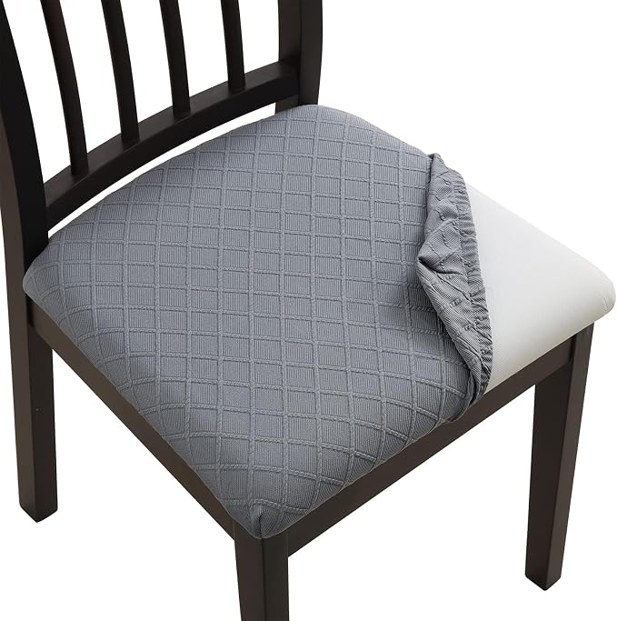 Fuloon Waterproof Seat Cushion Covers 6 PCS, Stretch Jacquard Chair Seat Covers Washable Dining Room Seat Slipcovers Removable Kitchen Chair Protector (6, Waterproof-Light Grey)