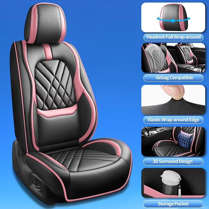 Fit Versa Car Seat Covers Compatible with Nissan Versa 2009-2025 2026-Premium Leather,Waterproof,Breathable,Airbag Compatible &All-Weather Seat Cushion Protecto(Full Set,Pink)
