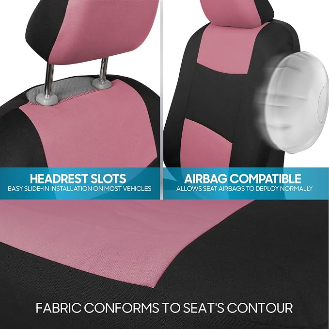 BDK PolyPro Car Seat Covers Full Set in Pink on Black, Front and Rear Split Bench Seat Covers for Cars, Easy to Install Car Seats Cover Set and Accessories for Auto Trucks Van SUV - Pink