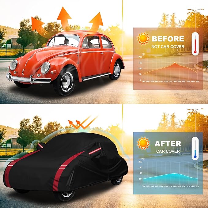 QUNSUNUS 6 Layer Car Cover for Volkswagen Beetle Bug 2 Door 1960-1980 Waterproof All Weather 210D Windproof for VW Beetle Bug Car Cover Hail Protection with Zipper