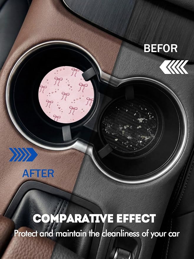WOCOCN Car Coasters for Cup Holders - 2 Pack 2.75" Universal Rubber Car Cup Coaster, Non-Slip Waterproof Car Interior Accessories, Cute Car Decor Gifts for Women and Men (Ribbon Bow)
