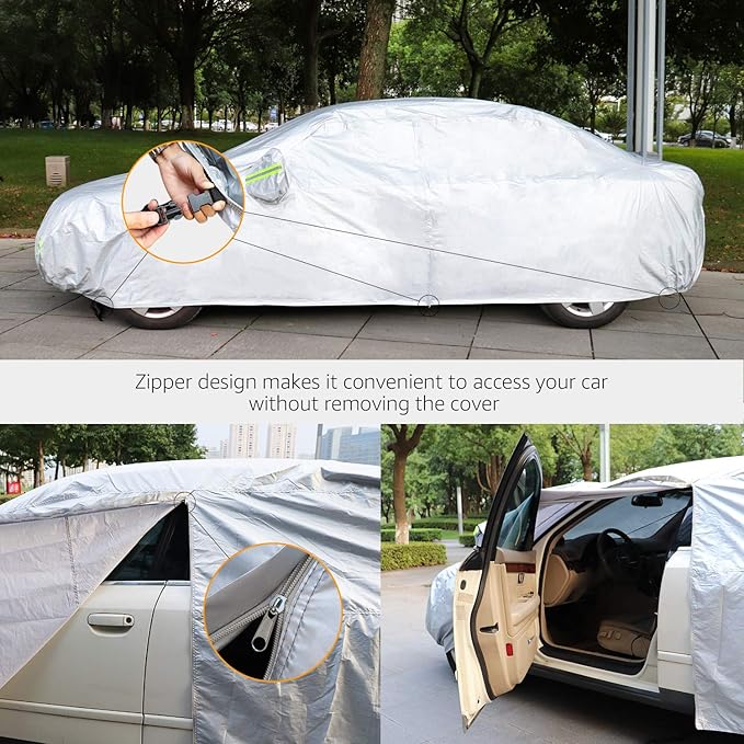 Amazon Basics Silver Weatherproof Car Cover, 150D Oxford, UV Protection, Snow Protection, Dustproof, Sedans up to 180", with Door Zipper and Reflective Straps