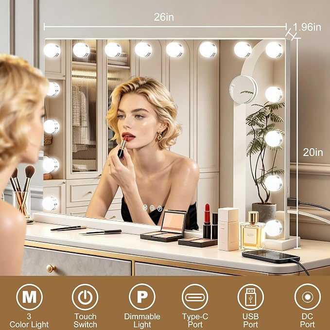 Ratsamee 26" x 20" Hollywood Vanity Mirror with Lights, 16 Dimmable Bulbs, 3 Color Lights,Make Up Lighted Mirror, Aluminum Metal Frame, USB Charging Port