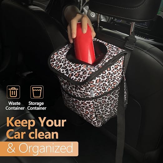 Big Ant Leopard Car Trash Can with Lid & Coasters | 2 Gallon Leak-Proof Hanging Garbage Bin for Back Seat | Waterproof Storage Organizer & Cooler Bag for Road Trips, SUVs & Family Travel