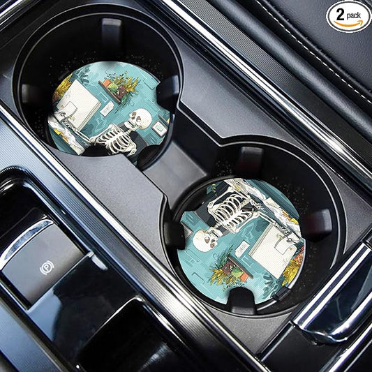WOCOCN Cute Cup Holder Coasters for Your Car with Fingertip Grip, Auto Accessories for Women & Men,Pack of 2 (Computer and Skeleton)