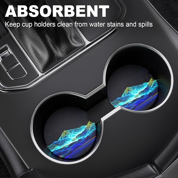 2 Pack Car Cup Holder Coaster, 2.63 inch Anti Slip Insert Absorbent Ceramic Car Coaster with Cork Base and Finger Notch, Cute Car Accessories Interior for Women, Cute Car Coasters.