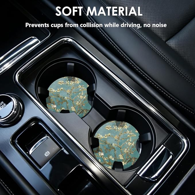 2 Pack Car Coasters，2.75-inch Neoprene Non-Slip Cup Holder Coasters for Car，Cute Car Interior Accessories for Men and Women，Green Tree