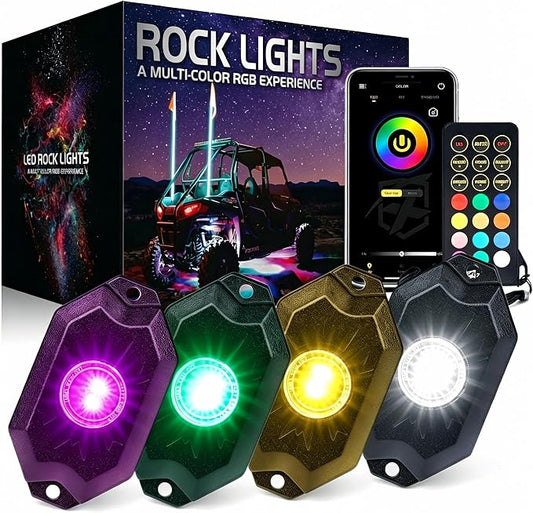 Xprite Colorful LED Rock Lights Kit with Bluetooth & Wireless Remote Controller, Multicolor Cars Underglow, Wheel, Footwell Neon Light Kits, for Off-Road UTV ATV Trucks SUV Motorcycle Boats - 4 Pods