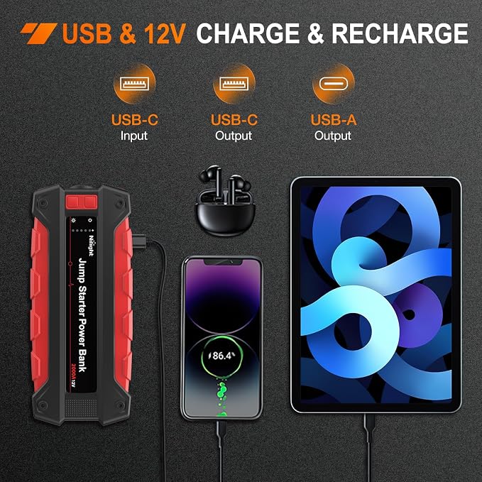 Nilight 2000A Car Battery Jump Starter for Up to 8.0L Gas & 7.0L Diesel Engines 12V Portable Jump Start Booster Pack Jump Box with Jumper Cables DC Output and LED Light