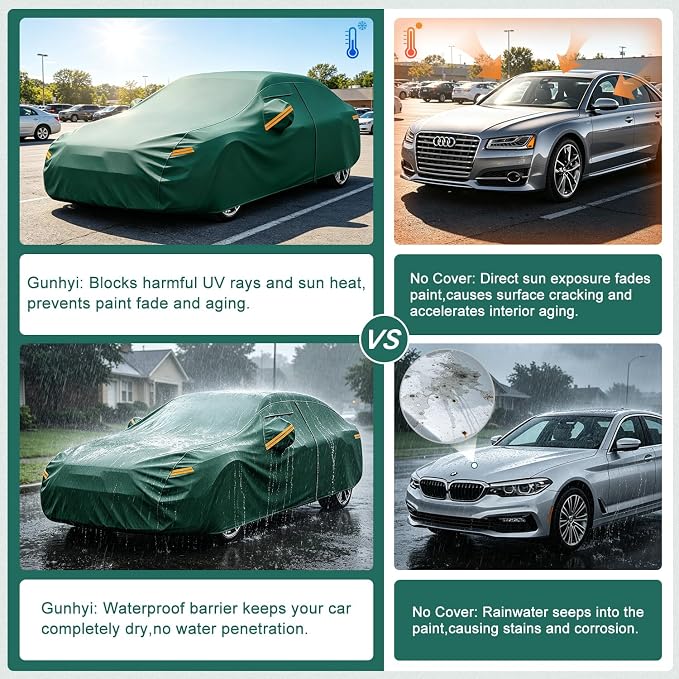GUNHYI Car Cover Waterproof All Weather, 16-Layer Heavy Duty Full Exterior Cover with Vents, Driver Door Zipper & Towel, Summer Sun/UV/Rain Protection, Fit Sedan Toyota Corolla, Honda Civic etc.
