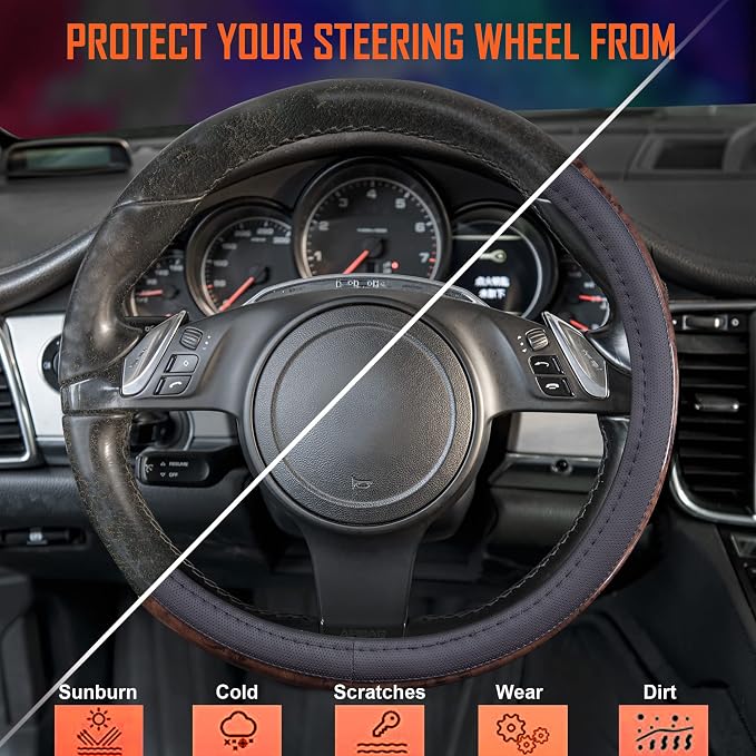 CAR PASS Wood Grain Microfiber Leather Steering Wheel Cover, Universal Fit for 14 1/2-15 inch Black Steering Wheel, Anti-Skip Veins Design,Cars, Suvs,Vans, Sedans (Black)
