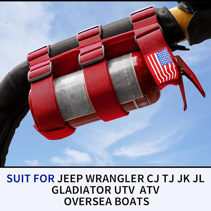 Voodonala Adjustable Roll Bar Fire Extinguisher Mount Holder 3 lb for Jeep Wrangler Unlimited CJ YJ LJ TJ JK JKU JL JLU 4XE,Red with USA Flag Pattern