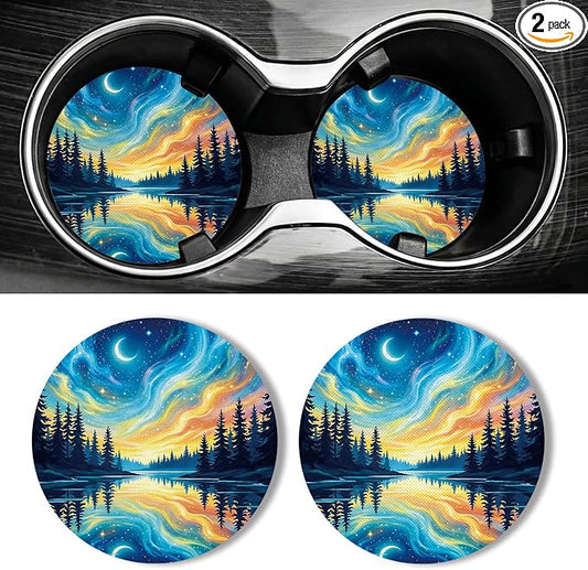 WOCOCN Car Coasters for Cup Holders - 2 Pack 2.75" Universal Rubber Car Cup Coaster, Non-Slip Waterproof Car Interior Accessories, Cute Car Decor Gifts for Women and Men (Moonlit Night)
