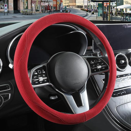 Red Suede Steering Wheel Cover Small 13.5 inch to 14 inch | Warm in Winter and Cool in Summer, Felt Car Accessories, Breathable Non-Slip Sweat-Proof Wear-Resistant for Civic Prius