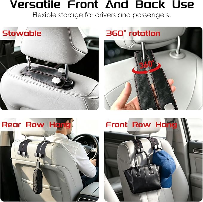 Car Headrest Hook, Car Seat Headrest Hooks and Purse Hook for Car, Leather Seat Back Organizer with Phone Holder, Universal Hidden Storage for SUV/Truck (Grey-2Pack)