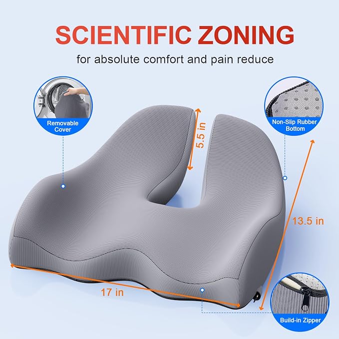 Benazcap X-Large Cooling Memory Foam Seat Cushion, Sciatica Pain Relief | Cool breathable cover, ergonomic cushion for long sitting. Eases sciatica & tailbone pain for office and gaming chairs
