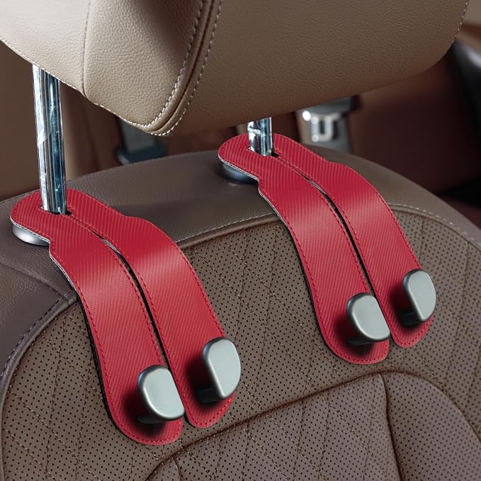 CoBak Purse Hook for Car - Universal Premium Stitched Leather and Aluminum-Magnesium Alloy Double Car Seat Back Storage Hook for Purses, Handbags, Bags (2 Pack),Carbon Red