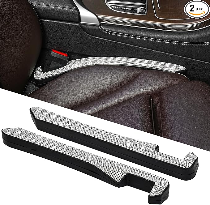 2 Pack Sparkly Diamond Car Seat Gap Filler Universal Gap Filler for Car SUV and Truck Fit Between Seats and Console Stop Things from Dropping (White)