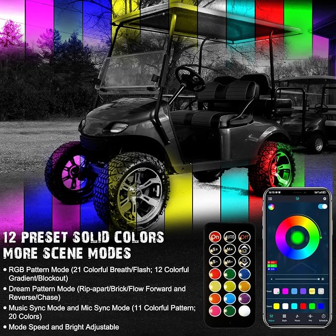Golf Cart Underbody and Canopy LED Lights 6Pcs, 12V - 80V Input Golf Cart Underglow Light Kit Bluetooth APP Control for EZGO Club Car Yamaha, Music Mic Sync Modes (Included Voltage Reducer)