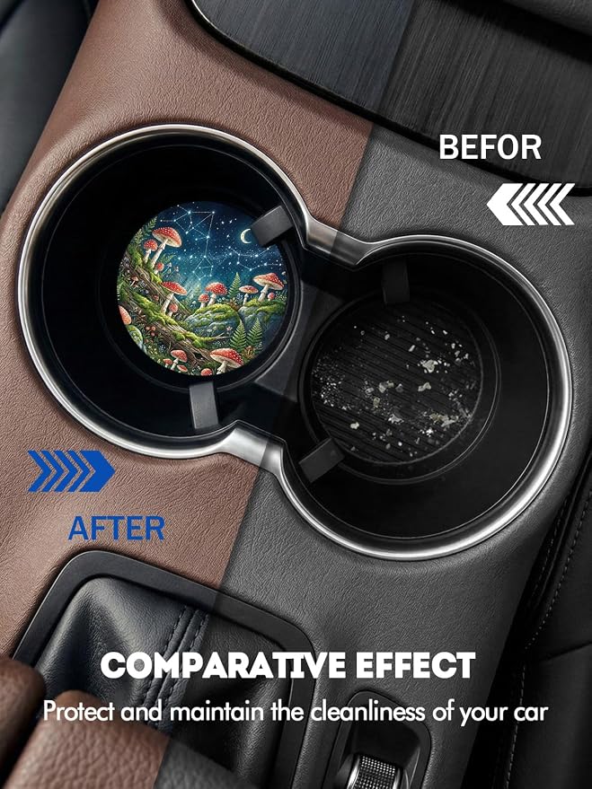 WOCOCN Car Coasters for Cup Holders - 2 Pack 2.75" Universal Rubber Car Cup Coaster, Non-Slip Waterproof Car Interior Accessories, Cute Car Decor Gifts for Women and Men (Mushroom)