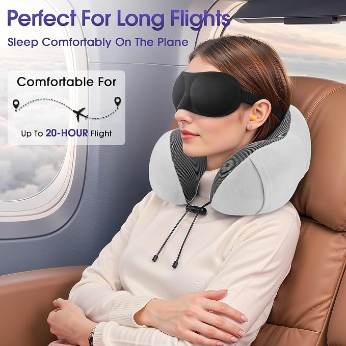 CloudBliss Travel Pillows for Airplane, Memory Foam Neck Pillows for Travel, Compact Neck Pillow for Long Flight, Car & Office, Plane Accessories with Eye Mask, Earplugs, Carry Bag, Black & Light Grey