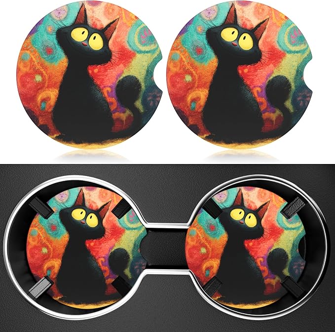 2 Pack Car Cup Holder Coaster, 2.63 inch Anti Slip Insert Absorbent Ceramic Car Coaster with Cork Base and Finger Notch, Cute Car Accessories Interior for Women, Cute Car Coasters.