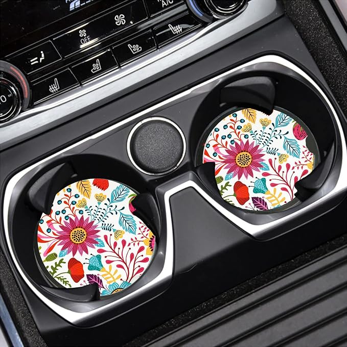 Sunflower Small 2.56" Absorbent Auto Coasters 2 Pack, Ceramic Car Accessories, Absorb Spills to Keep Cupholders Clean