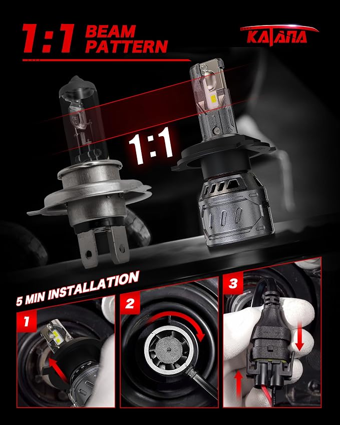Katana H4 Bulbs, 9003 400% Brightness 6500K Plug and Play 1:1 Size Fog of 2 | Cooling Fan,360°Beam Angle,Super Bright