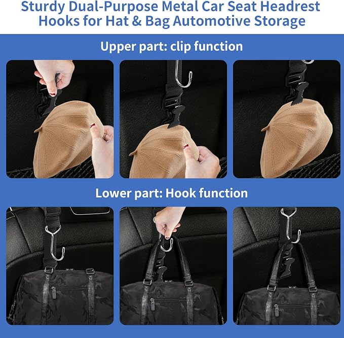 Purse Hook for Car, Adjustable Headrest Hooks & Hat Clip (2 Pack) | 100 LBS Heavy Duty | Metal Construction | Anti-Slip Clip | Tool-Free Install | All Vehicle Fit | Drivers Crews Families