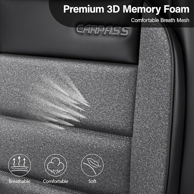 CAR PASS Memory Foam Seat Covers Front, Airy Cool Mesh Thick Car Seat Covers, Leather Car Seat Covers Front Seats Airbag Compatible, Universal Automotive Comfort for Cars, Trucks, SUV, Gray and Black