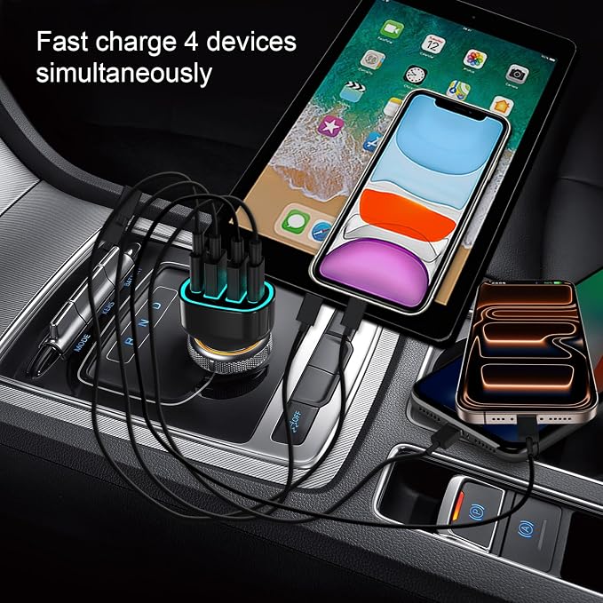 USB C Car Charger Adapter, PD 3.2 QC 5.0 Fast car Charger, 4-Port Multi Car Phone Charger Compatible with iPhone 17 16 15 1413 Pro Max, Samsung Galaxy S25 24 Ultra and More