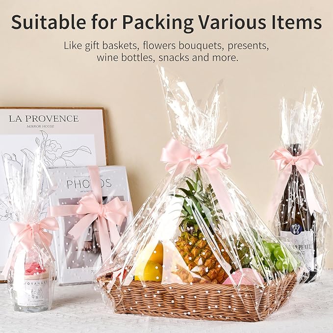 100 ftx34 in Extra Wide Clear Cellophane Wrap Roll | 2.5 Mil Thick Transparent Plastic with White Snow Dots | Bouquet, Baskets, Gifts, Crafts, Treats, Wrapping | Food Grade (34" Fold into 17")