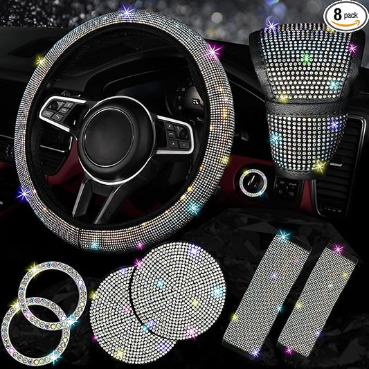 NBTEPEM 8 pcs Bling Car Accessories Set for Women, Steering Wheel Cover, Sparkly Seat Belt Covers, Bling Gear Shift Cover, Universal Fit Most Cars (Multicolor Diamond)