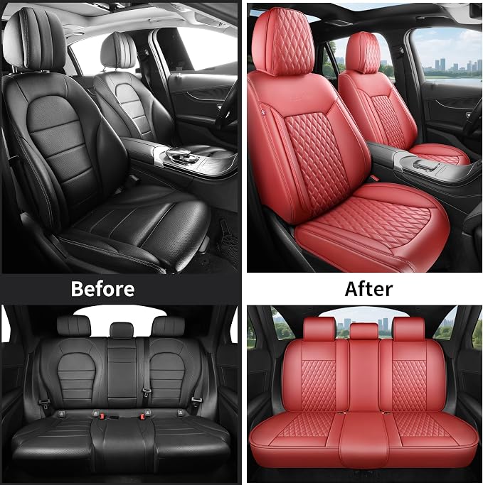 Red High-Density Nappa Leather Automotive Car Seat Covers Full Set | Univerasal Precision Fit,3D Contoured,Waterproof,ThickTexture Nappa Leather,for most Suvs Trucks Sedans