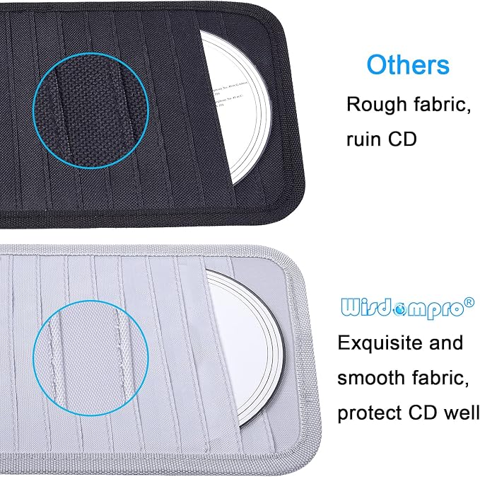 Car CD Case Holder, Wisdompro Vehicle Sun Visor Organizer for Cars with 12 DVD Storage Sleeves, 1 Mesh Pocket, 1 Pen Holder and Elastic Strap, Gray