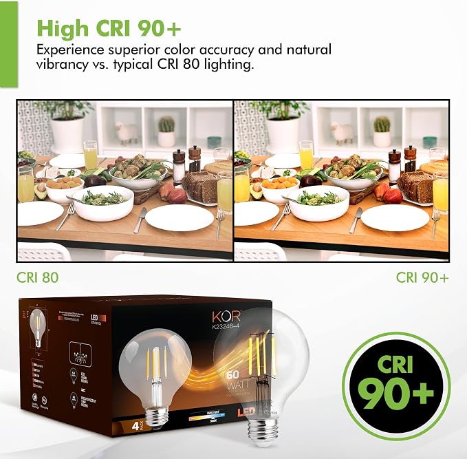 KOR LED G25 Filament Globe Bulbs, 4 pack, 60 Watt Equivalent, 5000K Bright White, Edison Dimmable 5.5W, E26 Medium Base, 500 Lumens, CRI 90, Clear Glass Light Bulbs for Bathroom, Makeup Mirror, Vanity