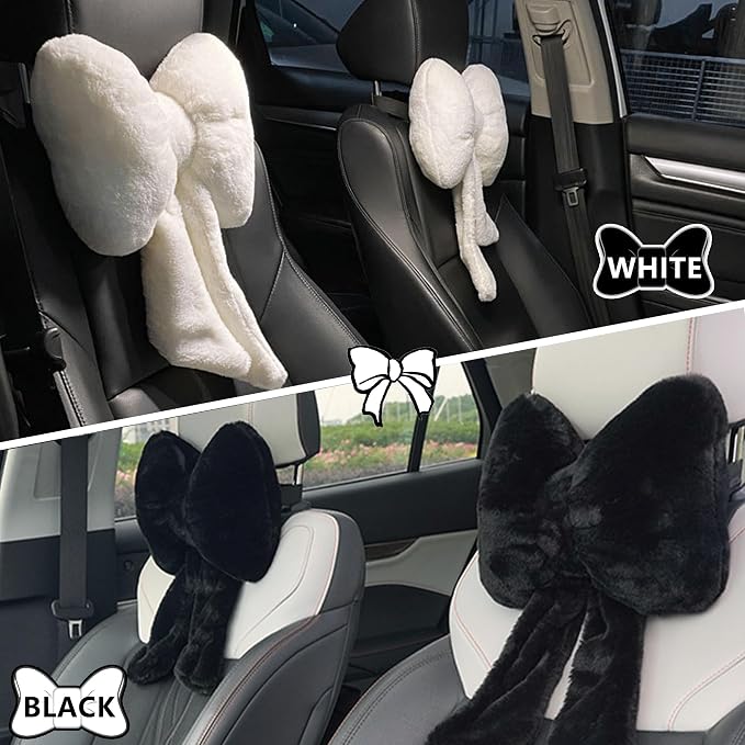 Car Neck Pillow 2PCS Plush Bowknot Car Headrest Pillow – Comfortable Neck Support for Driving Soft Touch Fabric Car Pillow Cute Interior Decor (White)