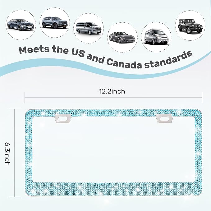 QUANQIUFEI 2 Pack Bling License Plate Frames, Sparkly Rhinestone Diamond Car License Plate Cover for Women, Stainless Steel Car Accessories with Glitter Crystal Caps (Aqua Bohemica)