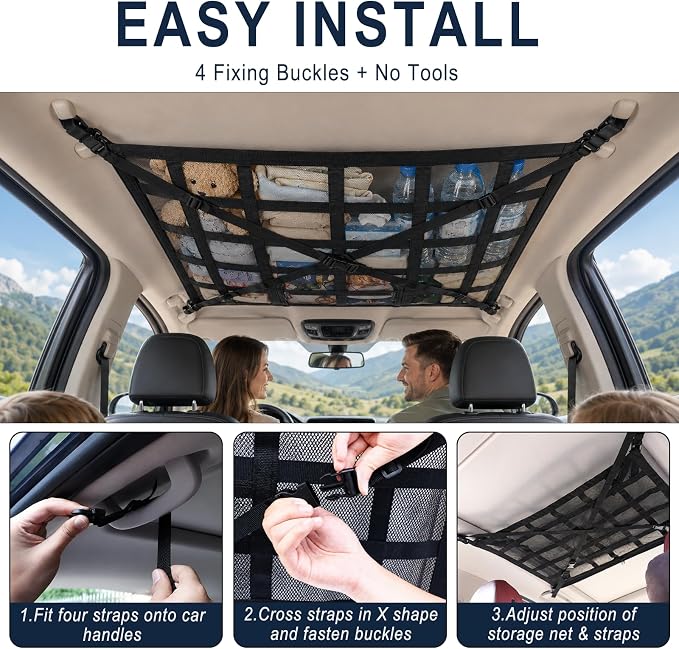 Car Ceiling Cargo Net, 35.4"x25.6" Double-Layer Overhead Roof Storage Organizer for SUV Truck Van, Camping Storage Mesh Net for Travel Road Trips, Van Life Essentials