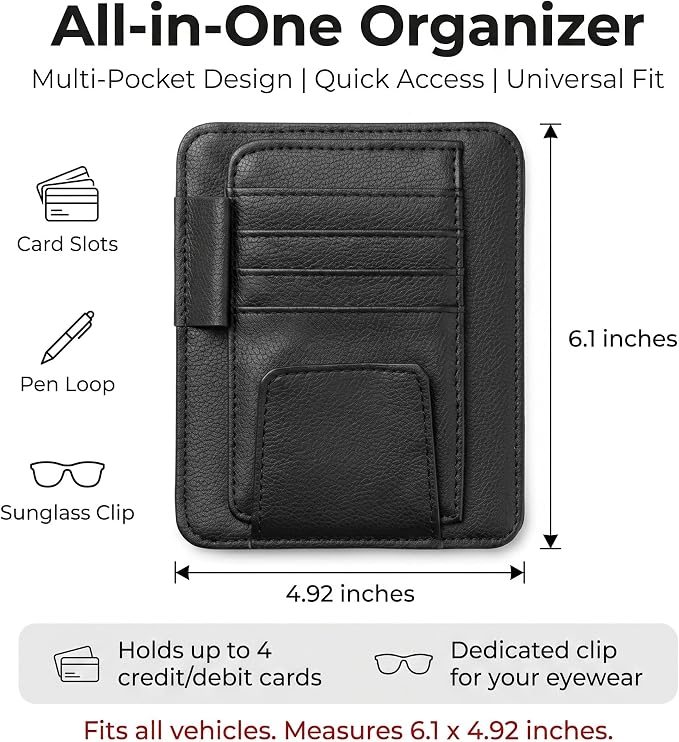 1 PC Car Sun Visor Organizer, Multifunctional Visor Storage with Card Slots and Pen Loop, for Sunglasses Documents and Cards, Universal for Most Cars, SUVs, Trucks (Black)