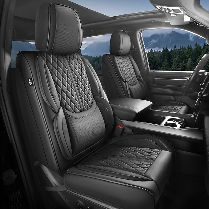 Seat Covers for 2019-2026 Dodge Ram 1500/2500/3500, Flat Bench | lumbar padded, premium waterproof leather, full coverage, anti-slip, storage pockets, long-term durability, airbag compatible