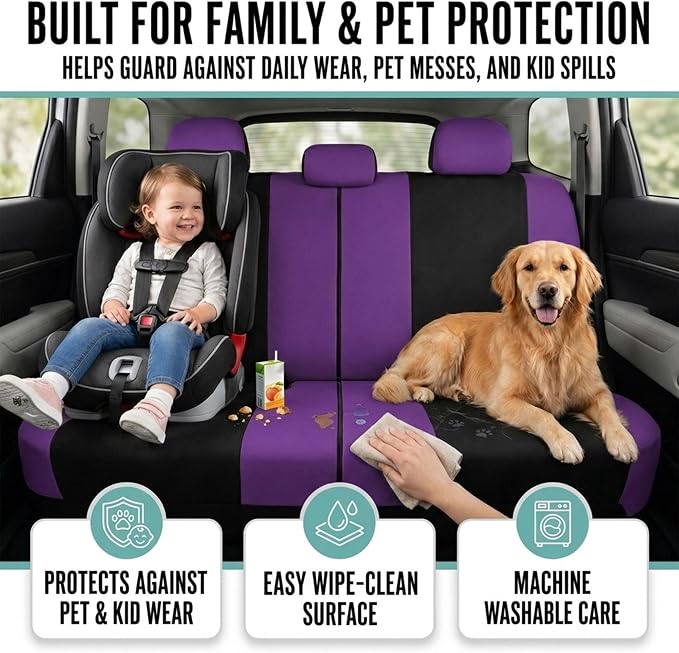 FH Group Full Set Car Seat Covers Cloth, Universal Fit combo, Set with Steering Wheel Cover and Seat Belt Pad fits Most Cars, SUVs, Trucks Purple