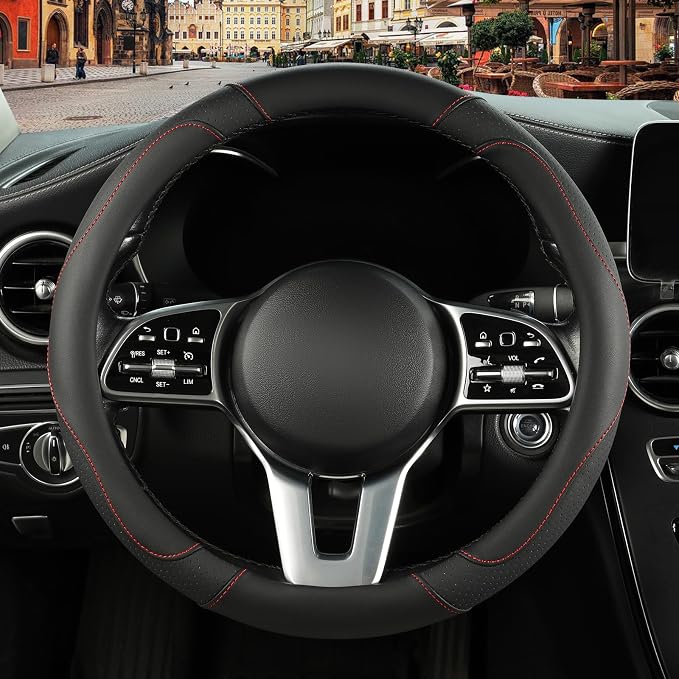 Black Microfiber Leather Steering Wheel Cover 15 inch | Breathable Anti Slip Grip Cool Sporty Look Glow for Women Men
