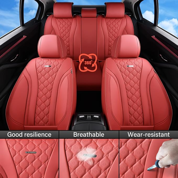 Coverado Car Seat Covers Full Set, Luxury Diamond Leather Car Seat Cover, Waterproof Automotive Seat Protectors, Breathable Car Seat Cushion, Universal 5 Seats Seat Cover Fit for Most Cars, Red