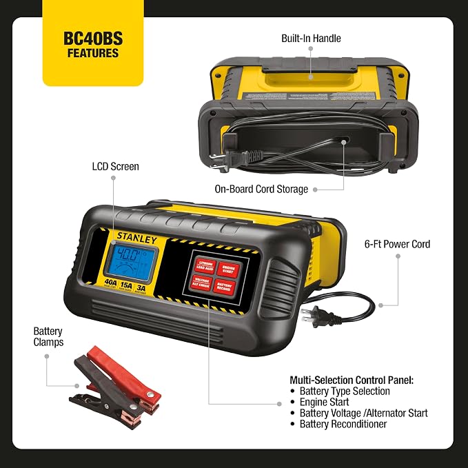 STANLEY BC40BS 15 Amp Battery Charger for Lithium or Lead Acid Batteries with 40 Amp Engine Start, Voltage and Alternator Check