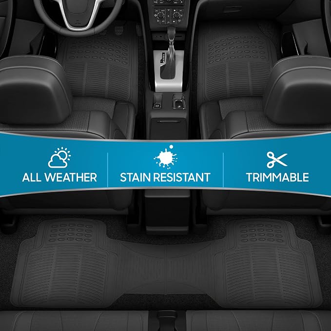 BDK ProLiner Car Floor Mats for Cars Trucks SUV, 3-Piece All-Weather Heavy Duty Rubber Liners with Universal Trimmable Fit, Durable Waterproof Vehicle Auto Floor Mats with Capture Ridges Black