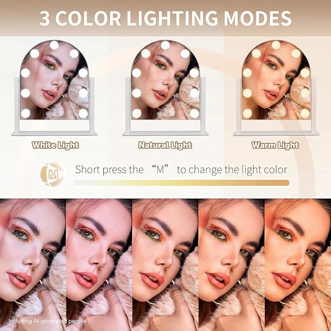 Arched Makeup Vanity Mirror with LED Lights Makeup Mirror Detachable 10X Magnification, Hollywood Make Up Mirror with Lighting, Smart Touch, Rechargeable,360° Rotation,White 14.17"x 11.81"