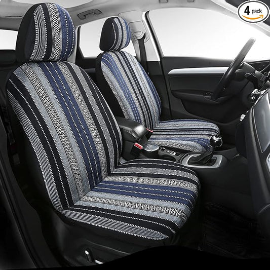 Baja Saddle Blanket Car Seat Covers 4PCS Front, Breathable and Washable Striped Woven Automotive Vehicle Universal Seat Cover for Sedan, SUV, Truck, Airbag Compatible